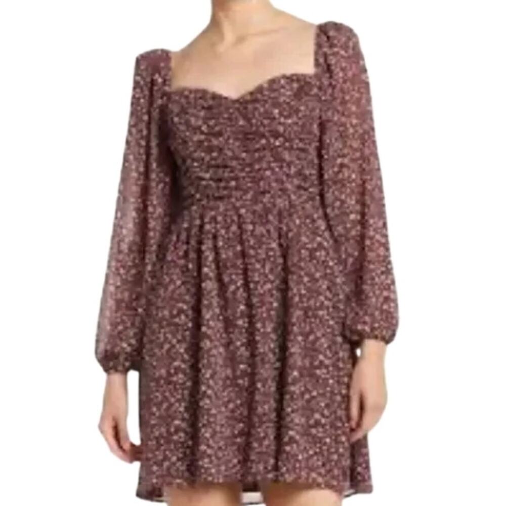 Lush Mini Dress Floral Pattern Long Puff Sleeve Low Back Multicolor Medium NWOT